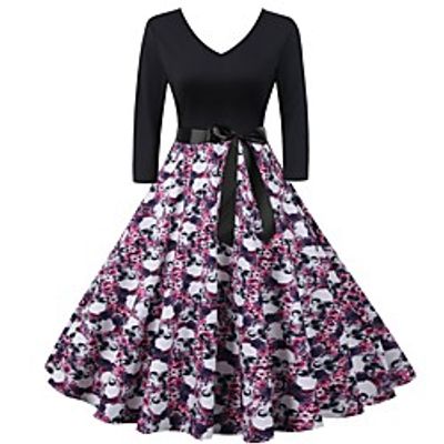 Women's A Line Dress Midi Dress Black Half Sleeve Print Vintage Style Fall Winter V Neck Vintage 2021 S M L XL XXL miniinthebox
