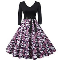 Women's A Line Dress Midi Dress Black Half Sleeve Print Vintage Style Fall Winter V Neck Vintage 2021 S M L XL XXL miniinthebox - thumbnail