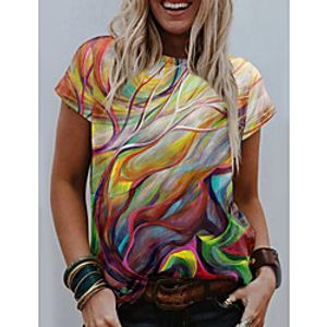 Women's Abstract Geometric Painting T shirt Floral Plants Graphic Print Round Neck Basic Tops Purple Yellow Green miniinthebox