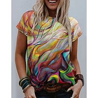 Women's Abstract Geometric Painting T shirt Floral Plants Graphic Print Round Neck Basic Tops Purple Yellow Green miniinthebox - thumbnail