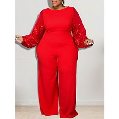 Women's Jumpsuit Sequin Solid Color V Neck Streetwear Wedding Party Regular Fit Long Sleeve Black White Red XL XXL 3XL Summer miniinthebox