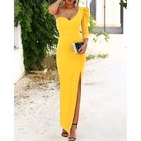 Mermaid / Trumpet Evening Gown Minimalist Dress Wedding Guest Floor Length Long Sleeve One Shoulder Stretch Satin with Slit 2023 miniinthebox - thumbnail