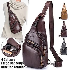 Men's Crossbody Bag Shoulder Bag Chest Bag Leather Outdoor Daily Holiday Zipper Large Capacity Waterproof Durable Solid Color Black trumpet Yellow trumpet Coffee trumpet miniinthebox
