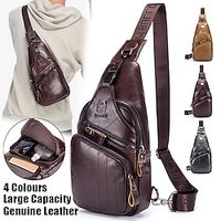 Men's Crossbody Bag Shoulder Bag Chest Bag Leather Outdoor Daily Holiday Zipper Large Capacity Waterproof Durable Solid Color Black trumpet Yellow trumpet Coffee trumpet miniinthebox - thumbnail