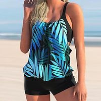 Women's Swimwear Tankini 2 Piece Normal Swimsuit 2 Piece Printing Leaf Blue Tank Top Bathing Suits Sports Beach Wear Summer Lightinthebox - thumbnail