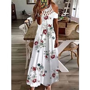 Women's Long Dress Maxi Dress Casual Dress Summer Dress Halter Neck Dress Floral Fashion Modern Daily Holiday Vacation Cold Shoulder Hole Short Sleeve Halter Dress Loose Fit White Summer Spring S M L Lightinthebox