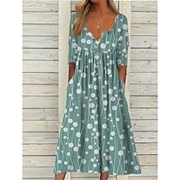 Women's Casual Dress Print Dress Loose Dress Polka Dot Stripe Ruched Button V Neck Midi Dress Fashion Streetwear Outdoor Daily Long Sleeve Loose Fit Green Spring Summer S M L XL XXL Lightinthebox - thumbnail
