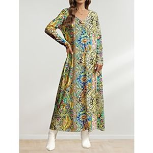 Women's Paisley Dress Casual Dress Paisley Print Pocket V Neck Long Dress Maxi Dress Vintage Maxi Street Date Long Sleeve Regular Fit Yellow Navy Blue Purple Spring S M L XL 2XL Lightinthebox