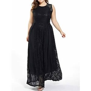 Women's Plus Size Party Dress Lace Dress Black Dress Solid Color Long Dress Maxi Dress Sleeveless Lace Crew Neck Fashion Party Black Summer Spring L XL XXL 3XL 4XL Lightinthebox