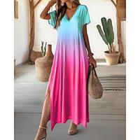 Women's Knit Dress Ombre Tie Dye Print V Neck Long Dress Maxi Dress Short Sleeve Summer Lightinthebox