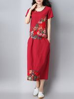 Women Patchwork Vintage Short Sleeve Shirt Skirt Suits