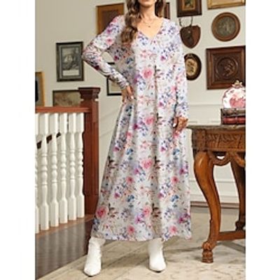 Women's Casual Dress T Shirt Dress Tee Dress Floral Print V Neck Long Dress Maxi Dress Streetwear Maxi Street Date Long Sleeve Regular Fit Pink Purple Green Spring S M L XL 2XL Lightinthebox