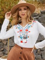 Floral Print Trim V-neck Long Sleeves Tee - thumbnail