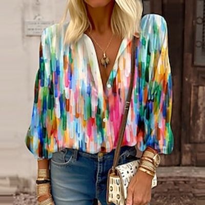 Women's Shirt Blouse Tie Dye Green Button Print Long Sleeve Casual Fashion Standing Collar Regular Fit Spring   Fall Lightinthebox