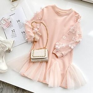 Kids Toddler Little Girls' Dress Floral Daily Mesh Patchwork Pink Long Sleeve Cute Casual Dresses Spring Fall Regular Fit 1pcs 2-6 Years miniinthebox