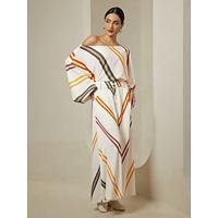 Satin Multi Color Stripe Slash Neck Blouse Wide Leg Pants Two Piece Sets - thumbnail