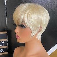 #613 Blonde Color Glueless Wig Human Hair Wigs Blonde Human Hair Wig With Bangs Wigs For Women Remy Hair Short Straight Hair Lightinthebox