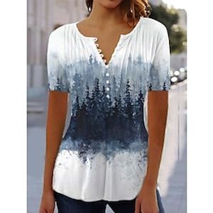 Women's T shirt Tee Black Blue Green Floral Button Print Short Sleeve Holiday Weekend Tunic Basic Round Neck Regular Floral Painting S miniinthebox