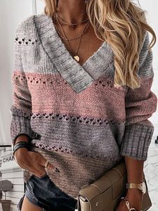 Striped Long Sleeve V Neck Pullover