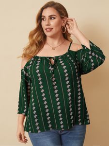 YOINS Plus Size Cold Shoulder Tribal See Through Design Long Sleeves Blouse