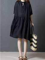 Casual Pure Color Tie O-neck Half Sleeve Loose Women Dress