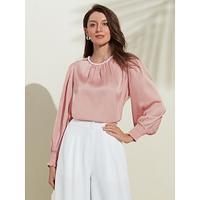 Women's Semi Formal Blouse Pink Satin Crew Neck Cuffed Sleeve Elegant Blouse