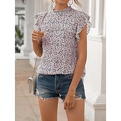 Women's Shirt Blouse Floral Daily Going out Ruffle Print Black Short Sleeve Casual Crew Neck Summer Lightinthebox