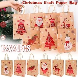 6 Styles Christmas Gift Bags Kraft Paper Bag for Christmas Snack Clothing Present Box Packaging Bag Xmas Gift Bag (12/24PCS) miniinthebox