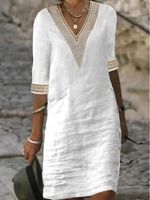 Cotton Linen V-neck Lace Half Sleeve Women's Midi Dress