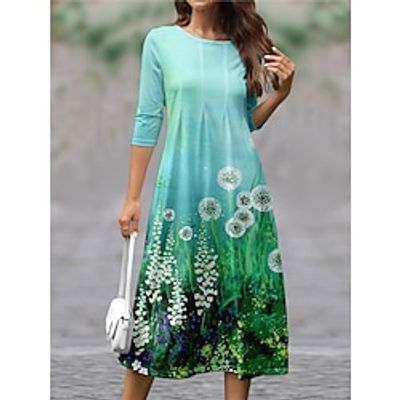 Women's Casual Dress A Line Dress Floral Print Ruched Crew Neck Midi Dress Streetwear A Line Street Holiday 34 Length Sleeve Regular Fit Pink Blue Purple Spring S M L XL XXL Lightinthebox