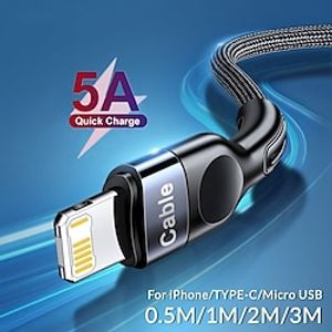 USB Cable for iPhone 13 12 11 Pro Max Xs X 8 7 SE iPad Cable 5A Fast Charging Cable for For Samsung Huawei XiaoMi OnePlus Fast Charging USB-C Cable Mobile Phone For More Android Micro USB Smartphones miniinthebox