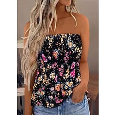 Women's Holiday Weekend Floral Tube Top Camis Floral Sleeveless Print Off Shoulder Casual Streetwear Tops Black S  3D Print Lightinthebox