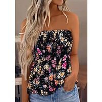 Women's Holiday Weekend Floral Tube Top Camis Floral Sleeveless Print Off Shoulder Casual Streetwear Tops Black S  3D Print Lightinthebox - thumbnail