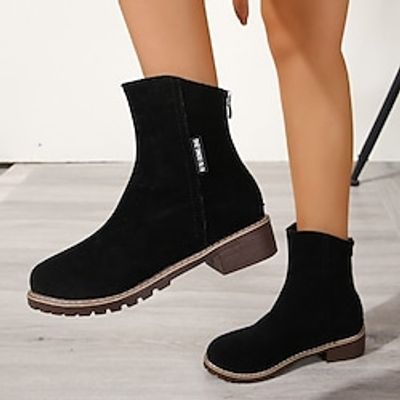 Women's Boots Daily Combat Boots Booties Ankle Boots Winter Block Heel Round Toe Casual Minimalism PU Leather Zipper Solid Colored Wine Black Lightinthebox