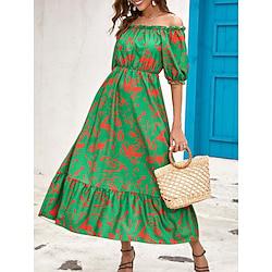 Women's Casual Dress Sundress Green Dress Leaf Elastic Waist Print Off Shoulder Maxi Dress Elegant Bohemia Party Daily Summer Spring Lightinthebox