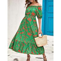 Women's Casual Dress Sundress Green Dress Leaf Elastic Waist Print Off Shoulder Maxi Dress Elegant Bohemia Party Daily Summer Spring Lightinthebox