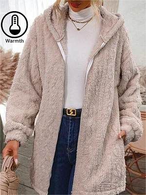 Women's Casual Coral Warm Velvet Hooded Zipper Mid-length Sweatshirt Coat