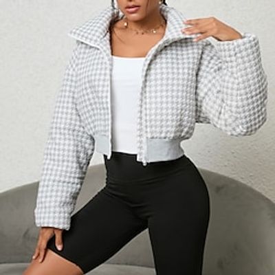 Women's Parka Puffer Jacket Cropped Winter Coat Zip up Stand Collar Coat Thermal Warm Heated Coat Fall Outerwear with Pockets Classic Long Sleeve Fashion Street Wear Lightinthebox