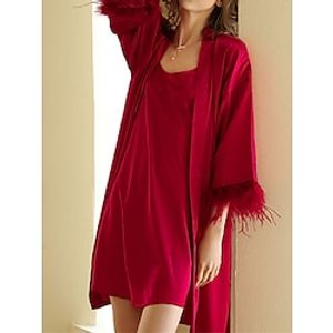 Women's Pajamas Robe Bathrobe Silk Robe Pure Color Fashion Comfort Soft Home Bed Wedding Party Satin Breathable V Wire Feather Fall Winter White Champagne Lightinthebox