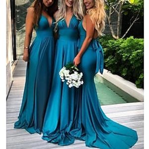 A-Line Bridesmaid Dress V Neck Sleeveless Elegant Court Train Charmeuse with Bow(s)  Pleats  Split Front 2022 Lightinthebox