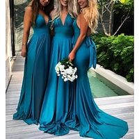 A-Line Bridesmaid Dress V Neck Sleeveless Elegant Court Train Charmeuse with Bow(s)  Pleats  Split Front 2022 Lightinthebox - thumbnail
