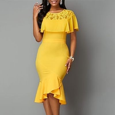 Women's Bodycon Knee Length Dress Blue Yellow Short Sleeve Pure Color Ruffle Lace Spring Summer Crew Neck Party Work Elegant 2022 S M L XL XXL 3XL 4XL 5XL / Party Dress miniinthebox Women's Bodycon Knee Length Dress Blue Yellow Short Sleeve Pure Color Ruffle Lace Spring Summer Crew Neck Party Work Elegant 2022 S M L XL XXL 3XL 4XL 5XL / Party Dress miniinthebox