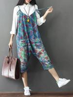 Flower Printed Spaghetti Strap Denim Jumpsuits