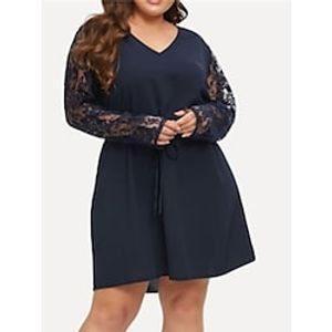 Women's Plus Size Casual Sweater Dress Color Block Lace Midi Sweater Dress Long Sleeve Lace up Lace V Neck Fashion Outdoor Deep Blue Summer Spring L XL XXL 3XL 4XL Lightinthebox