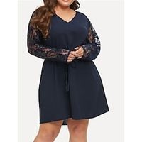 Women's Plus Size Casual Sweater Dress Color Block Lace Midi Sweater Dress Long Sleeve Lace up Lace V Neck Fashion Outdoor Deep Blue Summer Spring L XL XXL 3XL 4XL Lightinthebox - thumbnail