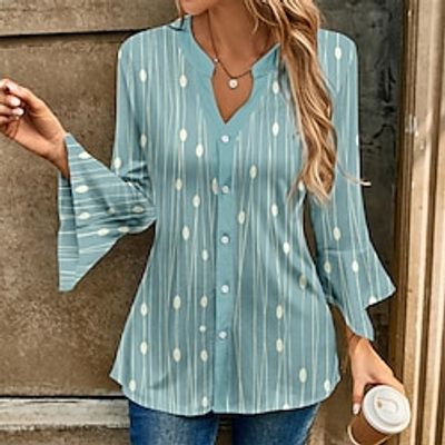 Women's Designer Shirt Blouse Striped Pink Blue Purple Print Button Long Sleeve Casual Fashion V Neck Regular Fit Bell Sleeve Spring   Fall Lightinthebox