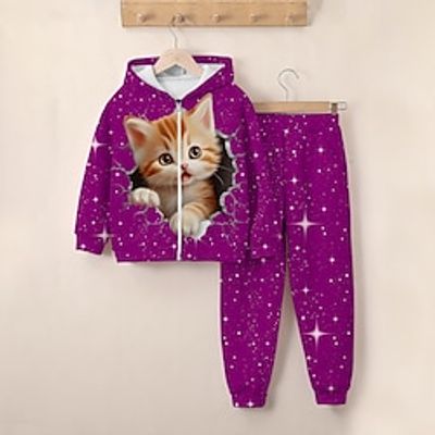 Girls' 3D Cat Hoodie  Sweatpants Set Long Sleeve 3D Printing Spring Fall Active Fashion Cute Polyester Kids 3-12 Years Zip Hooded Outdoor Street Regular Fit Lightinthebox