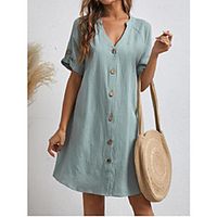 2021 amazon wish cross-border new women's solid color loose v-neck single-breasted dress miniinthebox - thumbnail