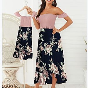Solid Stitching Floral Print Series Off-shoulder Dresses for Mommy and Me miniinthebox