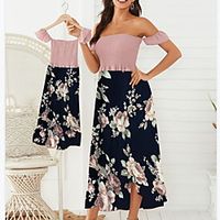 Solid Stitching Floral Print Series Off-shoulder Dresses for Mommy and Me miniinthebox - thumbnail